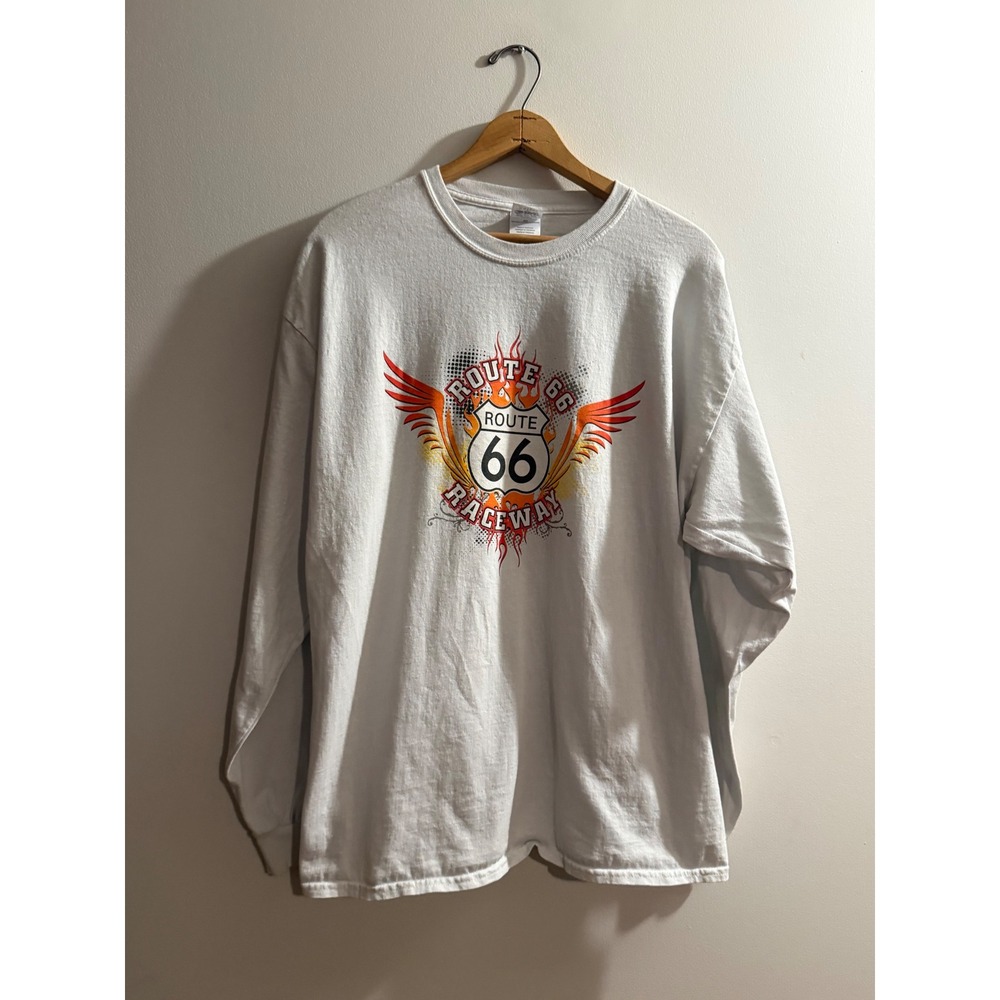 Gildan Route 66 Raceway Long Sleeve Graphic T-Shirt White Mens XL Racing Tee